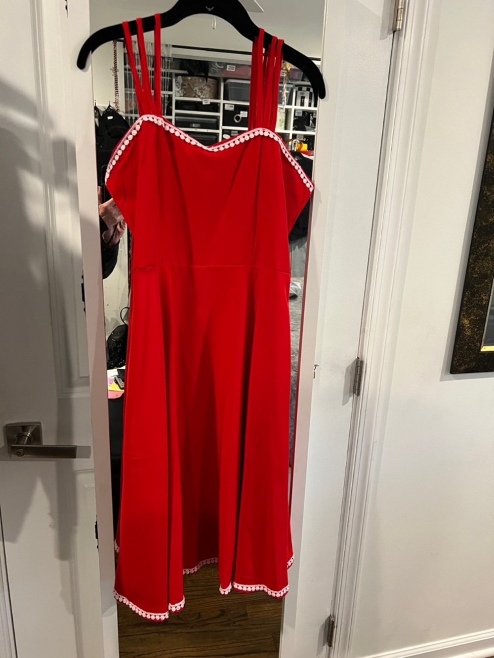 Red Cami Spaghetti Strap 50’s Style Midi Dress with Contrast Trim